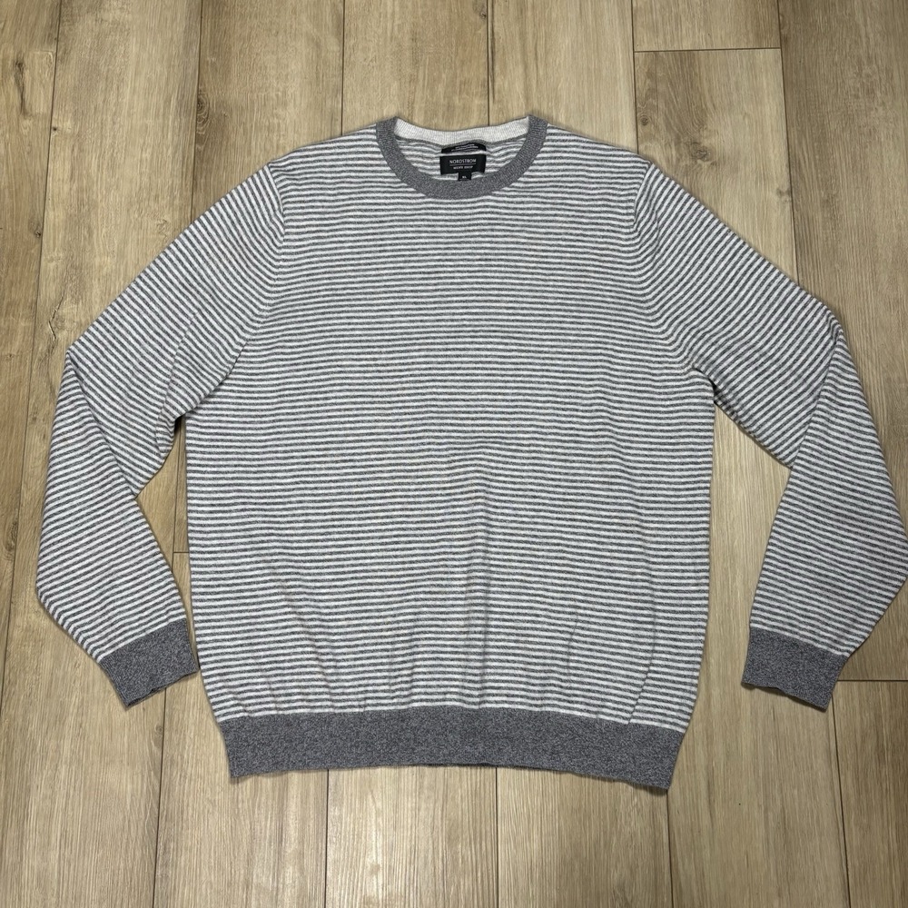 Nordstrom Men's Shop‎ 95% Cotton 5% Cashmere Sweater Size XL Gray/White Stripe